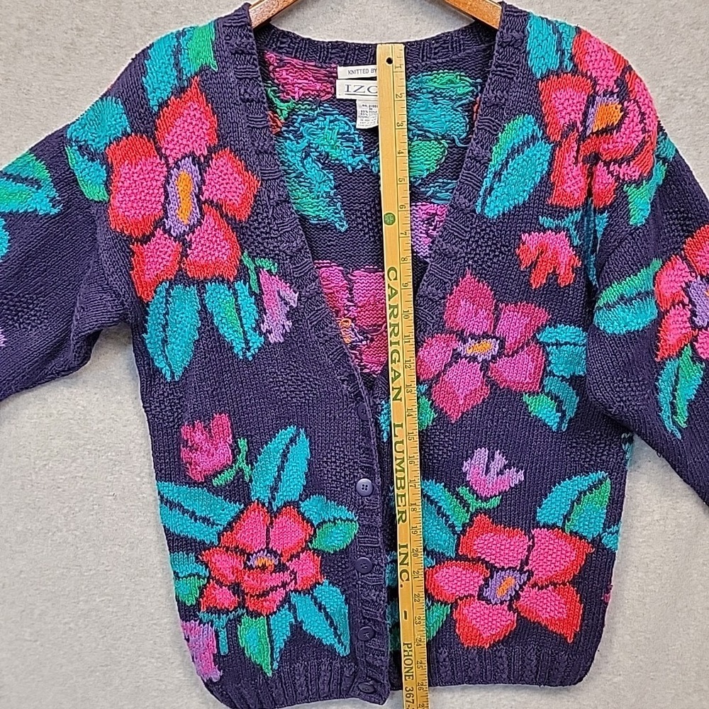 Vintage Izod Sweater Women M Floral Cardigan Hand Knit Cotton Blend Vibrant Rare - Picture 12 of 16